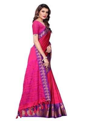 Big Mayur Pink Cotton Polyester Silk Weaving Saree With Blouse