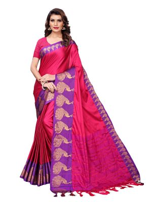 Big Mayur Pink Cotton Polyester Silk Weaving Saree With Blouse