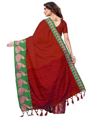 Big Mayur Red Cotton Polyester Silk Weaving Saree With Blouse