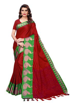 Big Mayur Red Cotton Polyester Silk Weaving Saree With Blouse