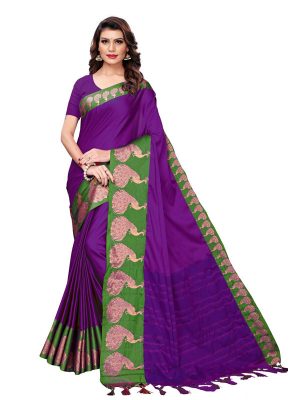 Big Mayur Voilet Cotton Polyester Silk Weaving Saree With Blouse