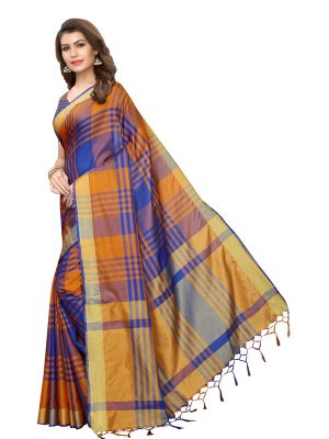 Block Blue Cotton Polyester Silk Weaving Saree With Blouse