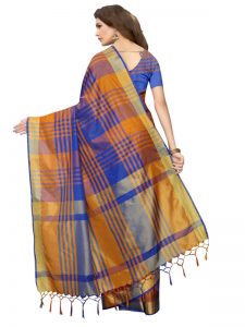 Block Blue Cotton Polyester Silk Weaving Saree With Blouse