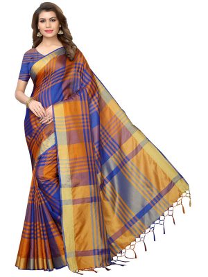 Block Blue Cotton Polyester Silk Weaving Saree With Blouse