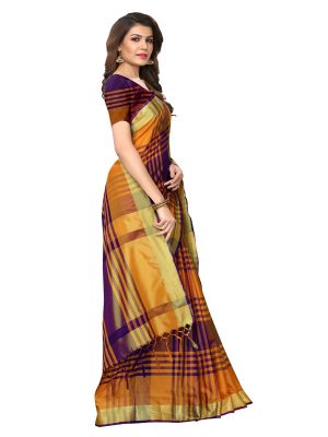 Block Purple Cotton Polyester Silk Weaving Saree With Blouse