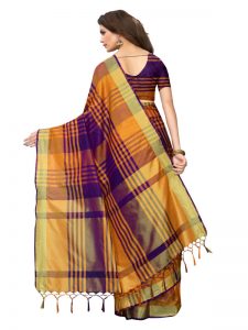 Block Purple Cotton Polyester Silk Weaving Saree With Blouse