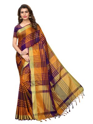 Block Purple Cotton Polyester Silk Weaving Saree With Blouse