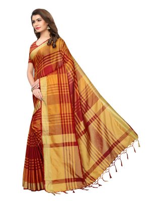 Block Red Cotton Polyester Silk Weaving Saree With Blouse