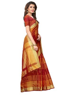 Block Red Cotton Polyester Silk Weaving Saree With Blouse