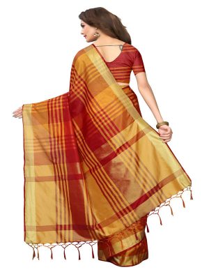 Block Red Cotton Polyester Silk Weaving Saree With Blouse