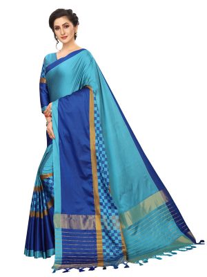 Box Blue Cotton Polyester Silk Weaving Saree With Blouse