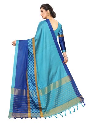 Box Blue Cotton Polyester Silk Weaving Saree With Blouse