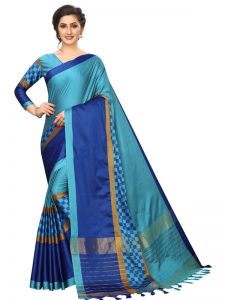 Box Blue Cotton Polyester Silk Weaving Saree With Blouse