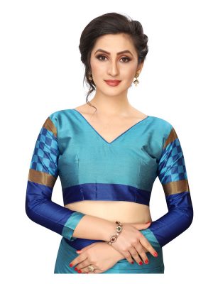 Box Blue Cotton Polyester Silk Weaving Saree With Blouse