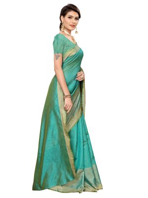 Chandrayaan Green Cotton Polyester Silk Weaving Saree With Blouse