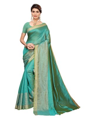 Chandrayaan Green Cotton Polyester Silk Weaving Saree With Blouse