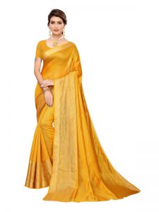 Chandrayaan Mustard Cotton Polyester Silk Weaving Saree With Blouse
