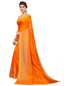 Chandrayaan Orange Cotton Polyester Silk Weaving Saree With Blouse