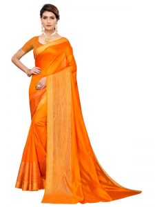 Chandrayaan Orange Cotton Polyester Silk Weaving Saree With Blouse