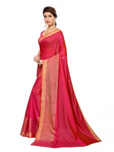 Chandrayaan Pink Cotton Polyester Silk Weaving Saree With Blouse