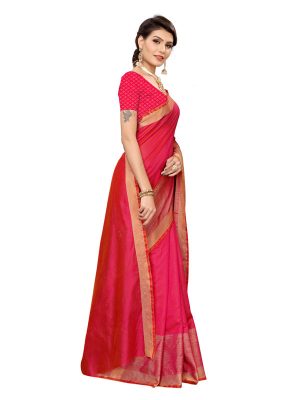 Chandrayaan Pink Cotton Polyester Silk Weaving Saree With Blouse