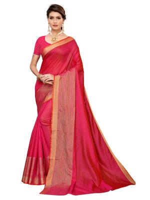 Chandrayaan Pink Cotton Polyester Silk Weaving Saree With Blouse
