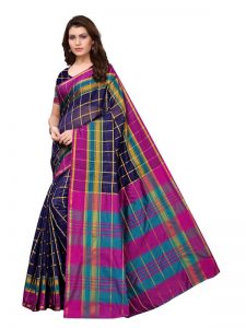 Chokda Checks Cotton Polyester Silk Weaving Saree With Blouse