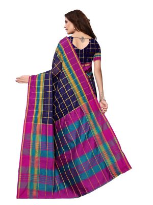 Chokda Checks Cotton Polyester Silk Weaving Saree With Blouse