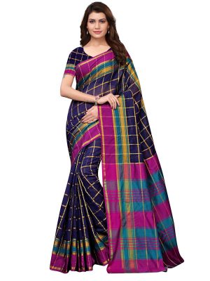Chokda Checks Cotton Polyester Silk Weaving Saree With Blouse