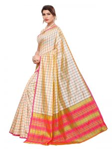 Cotton Checks Cream Cotton Polyester Silk Weaving Saree With Blouse