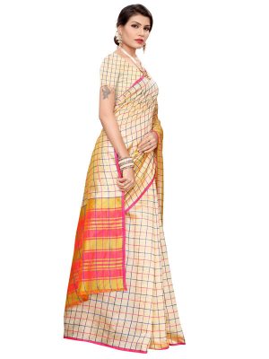 Cotton Checks Cream Cotton Polyester Silk Weaving Saree With Blouse