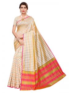 Cotton Checks Cream Cotton Polyester Silk Weaving Saree With Blouse