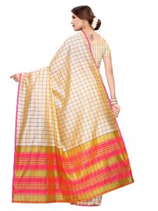 Cotton Checks Cream Cotton Polyester Silk Weaving Saree With Blouse