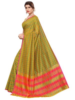 Cotton Checks Mehendi Cotton Polyester Silk Weaving Saree With Blouse