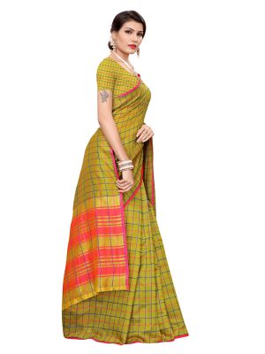 Cotton Checks Mehendi Cotton Polyester Silk Weaving Saree With Blouse