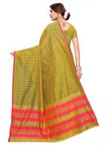 Cotton Checks Mehendi Cotton Polyester Silk Weaving Saree With Blouse