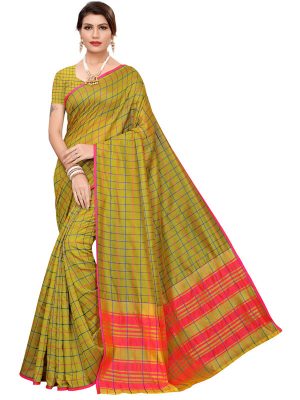 Cotton Checks Mehendi Cotton Polyester Silk Weaving Saree With Blouse