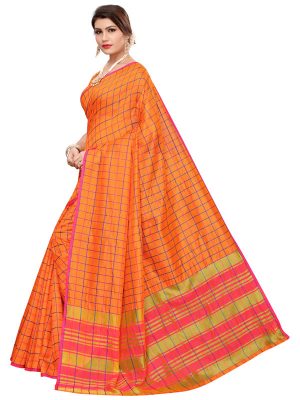 Cotton Checks Orange Cotton Polyester Silk Weaving Saree With Blouse