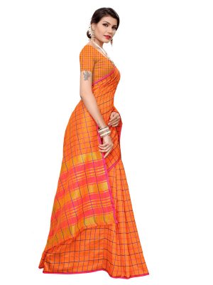 Cotton Checks Orange Cotton Polyester Silk Weaving Saree With Blouse