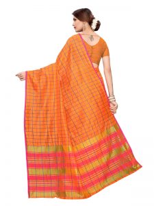 Cotton Checks Orange Cotton Polyester Silk Weaving Saree With Blouse