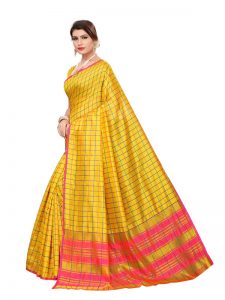 Cotton Checks Yellow Cotton Polyester Silk Weaving Saree With Blouse