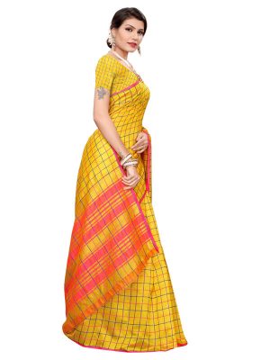 Cotton Checks Yellow Cotton Polyester Silk Weaving Saree With Blouse