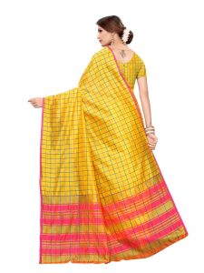 Cotton Checks Yellow Cotton Polyester Silk Weaving Saree With Blouse