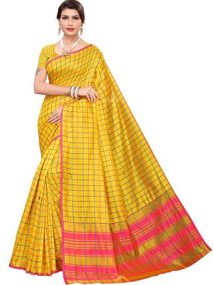 Cotton Checks Yellow Cotton Polyester Silk Weaving Saree With Blouse