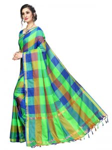 Ikkat Checks Green Cotton Polyester Silk Weaving Saree With Blouse