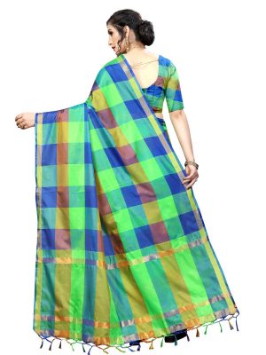 Ikkat Checks Green Cotton Polyester Silk Weaving Saree With Blouse