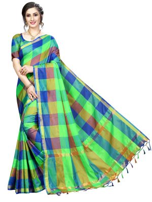 Ikkat Checks Green Cotton Polyester Silk Weaving Saree With Blouse