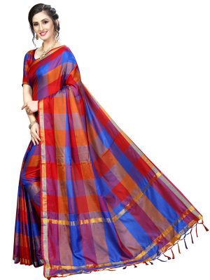 Ikkat Checks Magenta Cotton Polyester Silk Weaving Saree With Blouse