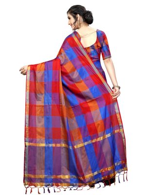 Ikkat Checks Magenta Cotton Polyester Silk Weaving Saree With Blouse