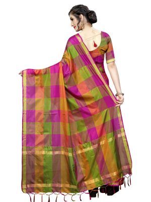 Ikkat Checks Pink Cotton Polyester Silk Weaving Saree With Blouse